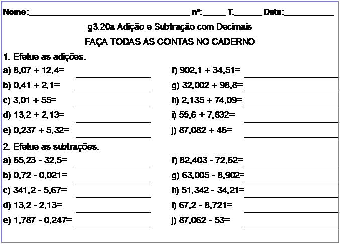 Atividade g3.20a Adição e Subtração com Decimais