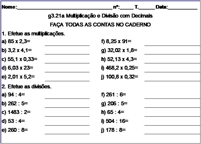 Atividade g3.21a Multiplicação e Divisão com Decimais