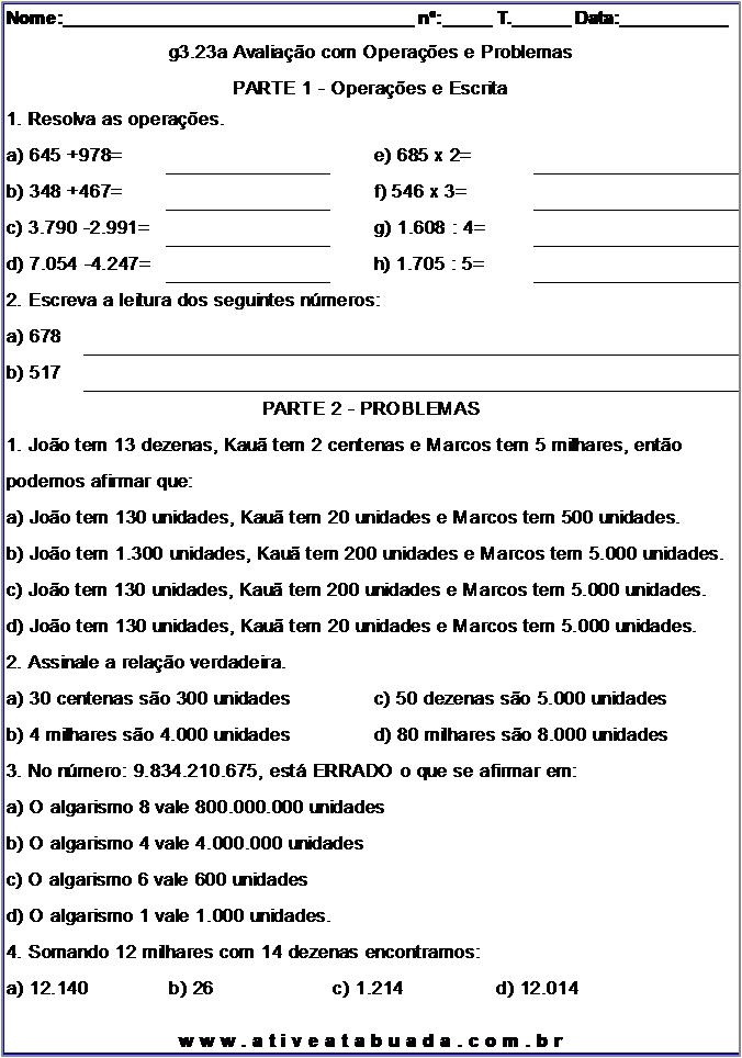 Atividade g3.23a Avaliação com Operações e Problemas