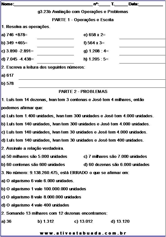 Atividade g3.23b Avaliação com Operações e Problemas