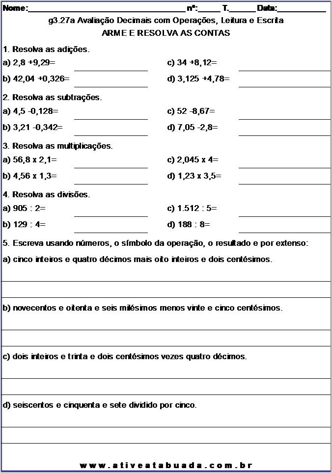 Atividade g3.27a Avaliação Decimais com Operações, Leitura e Escrita