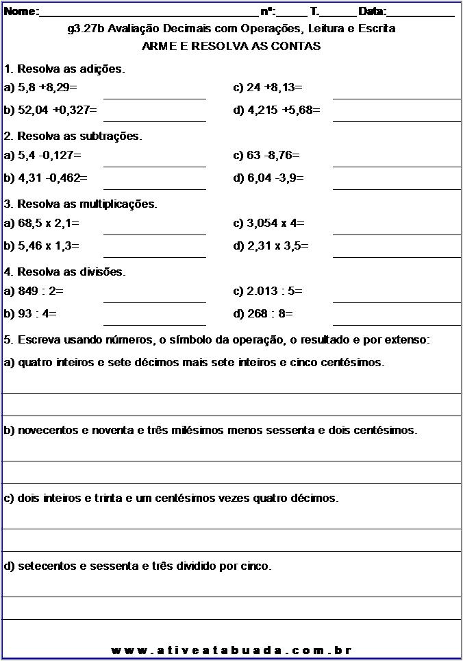 Atividade g3.27b Avaliação Decimais com Operações, Leitura e Escrita