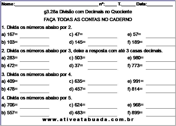 Atividade g3.28a Divisão com Decimais no Quociente