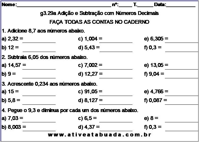 Atividade g3.29a Adição e Subtração com Números Decimais