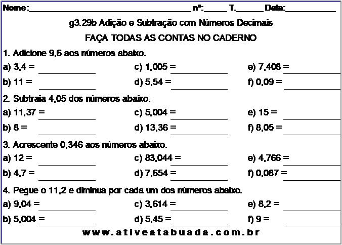 Atividade g3.29b Adição e Subtração com Números Decimais