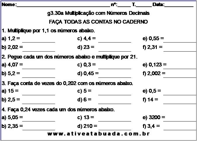 Atividade g3.30a Multiplicação com Números Decimais