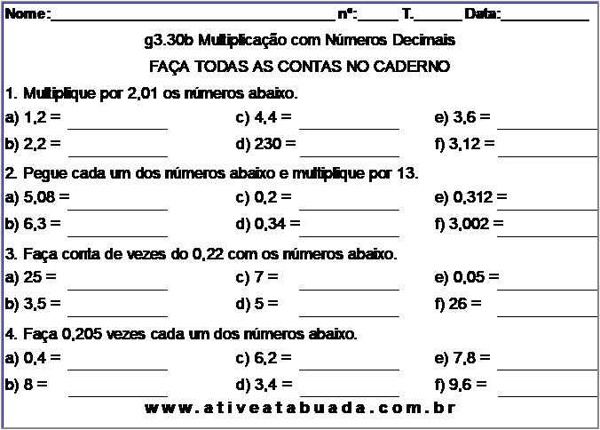 Atividade g3.30b Multiplicação com Números Decimais