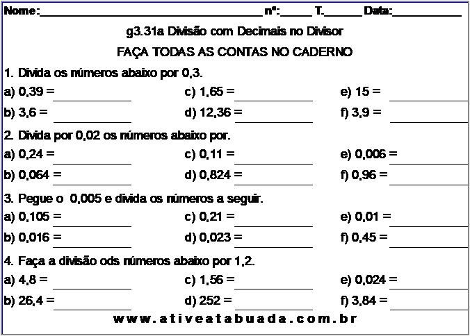 Atividade g3.31a Divisão com Decimais no Divisor