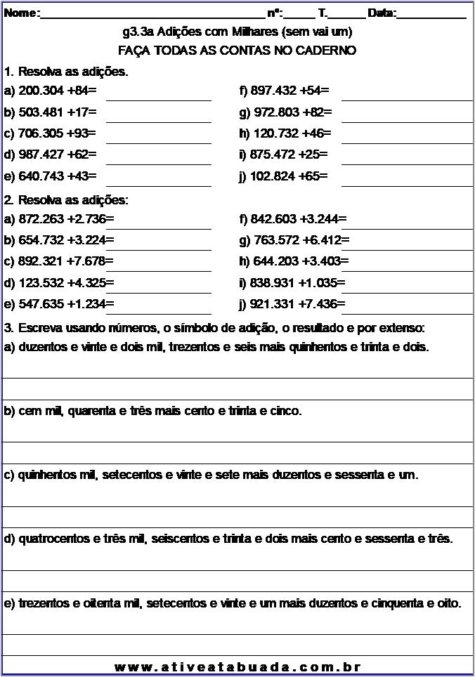 Atividade g3.3a Adições com Milhares (sem vai um)