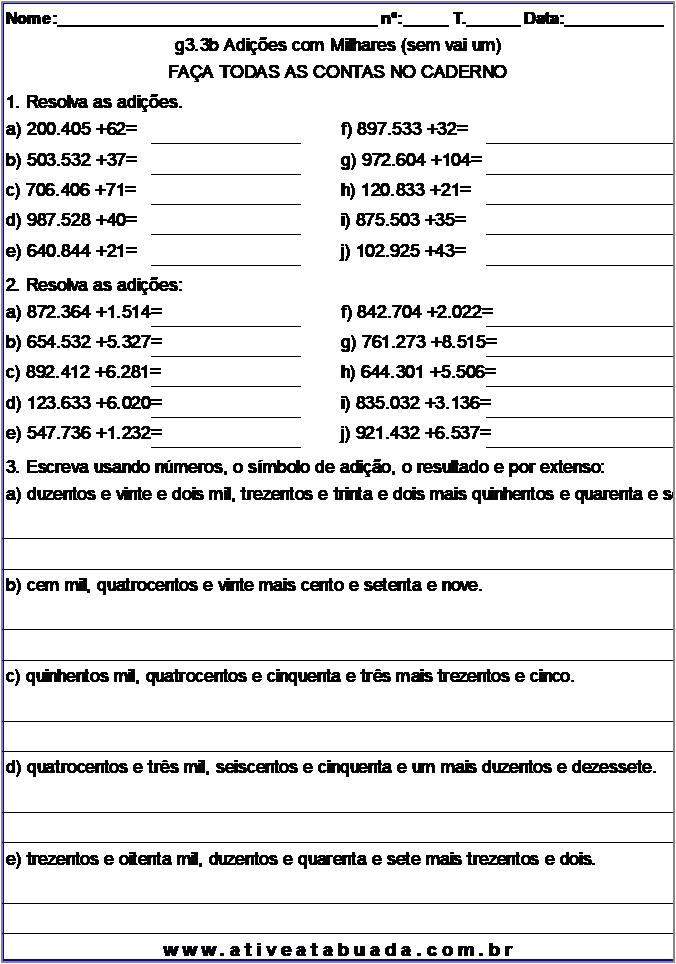 Atividade g3.3b Adições com Milhares (sem vai um)