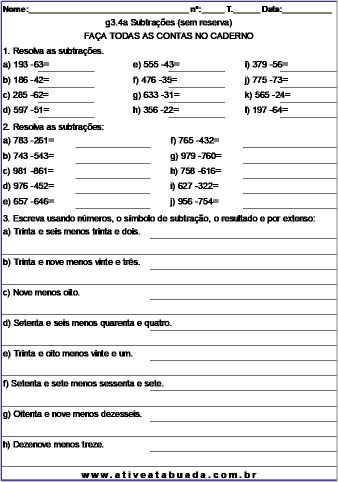 Atividade g3.4a Subtrações (sem reserva)