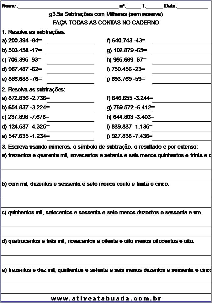 Atividade g3.5a Subtrações com Milhares (sem reserva)