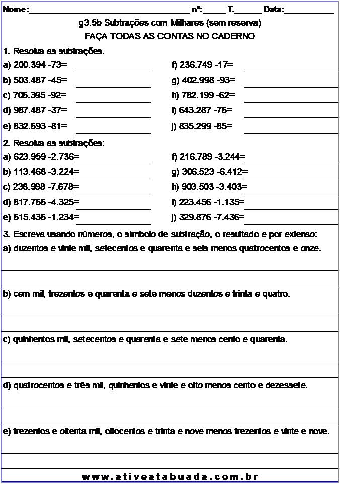 Atividade g3.5b Subtrações com Milhares (sem reserva)