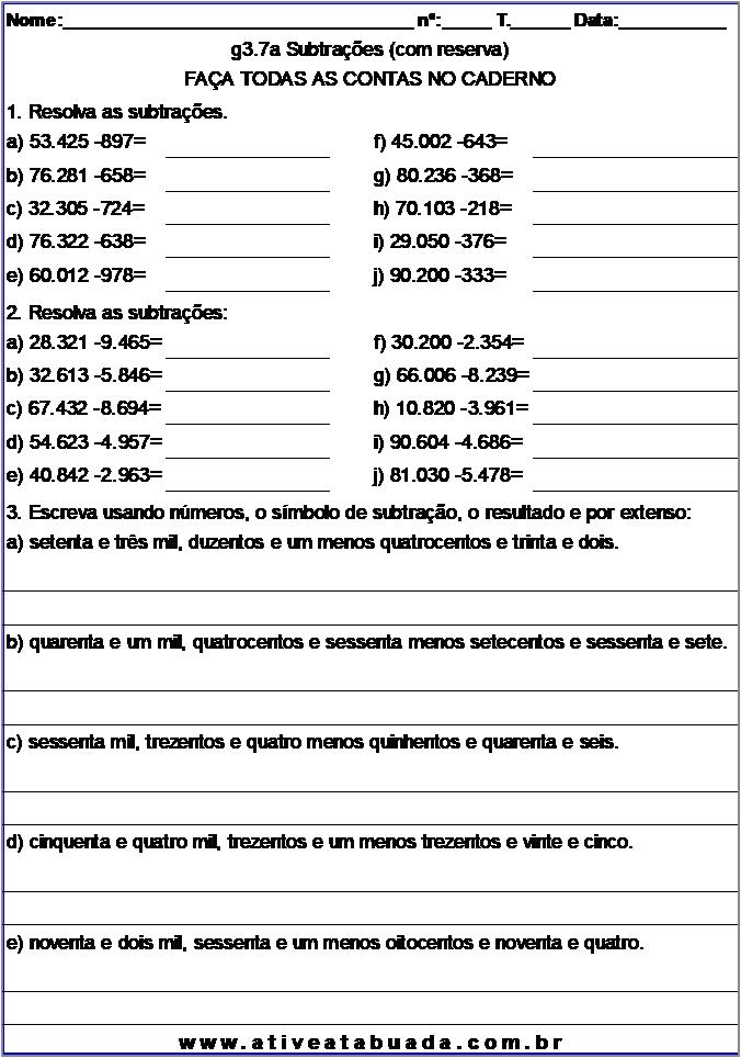 Atividade g3.7a Subtrações (com reserva)