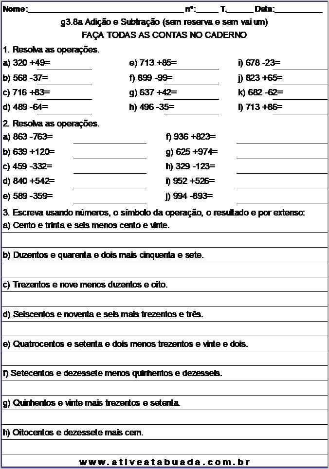 Atividade g3.8a Adição e Subtração (sem reserva e sem vai um)