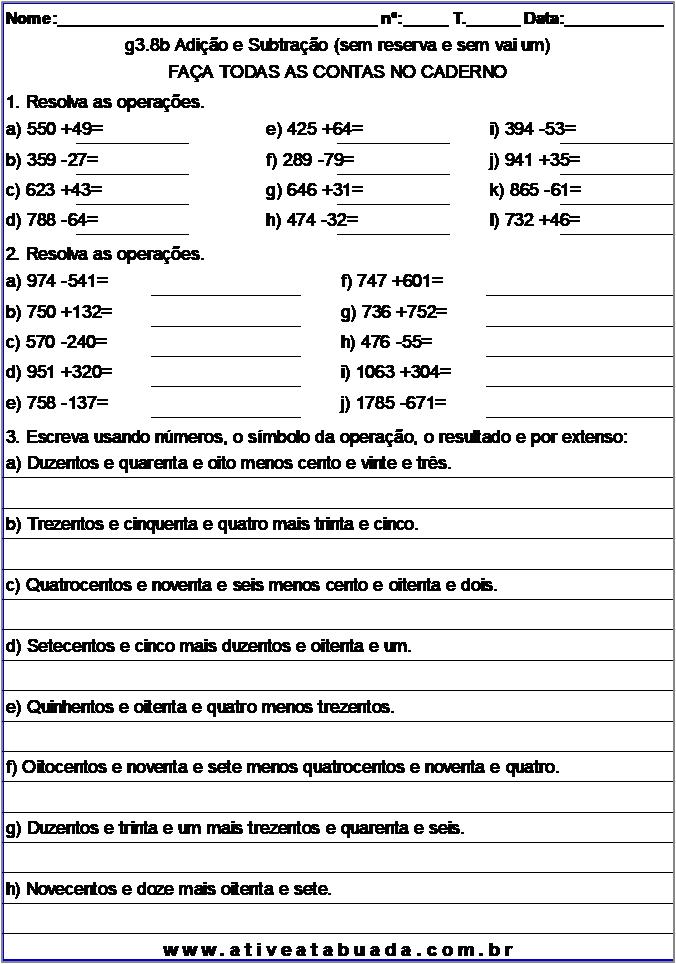 Atividade g3.8b Adição e Subtração (sem reserva e sem vai um)