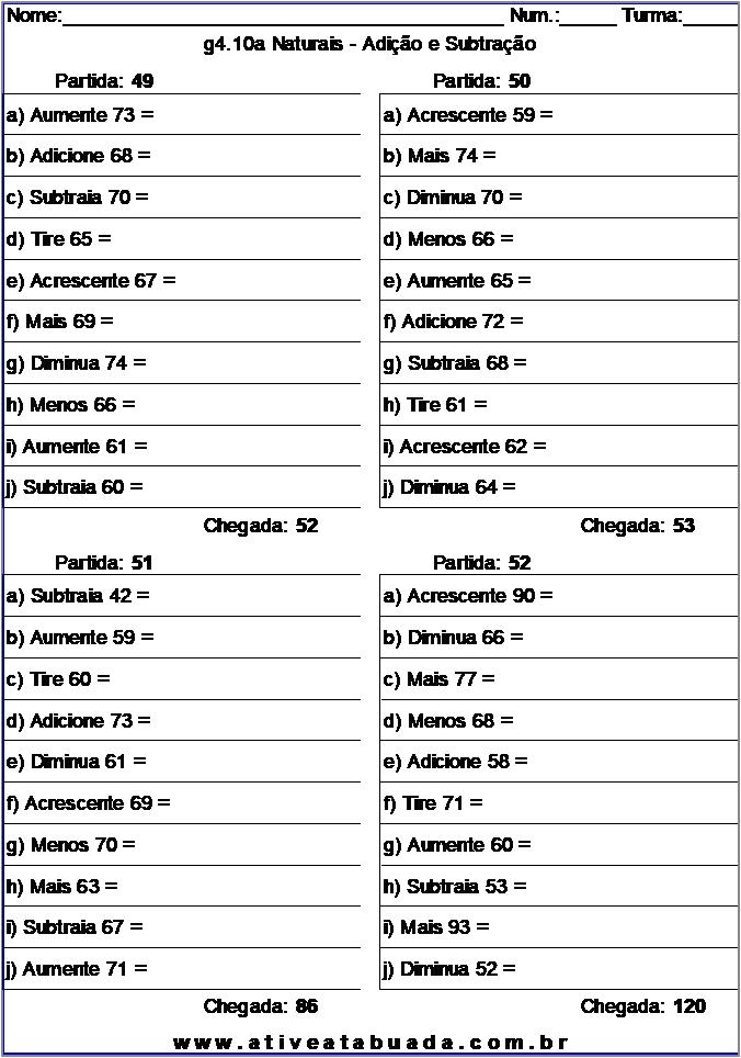 Atividade g4.10a Naturais - Adição e Subtração