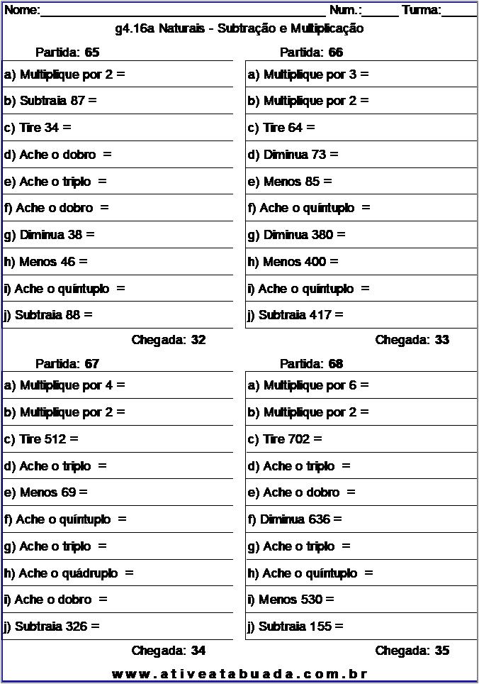 Atividade g4.16a Naturais - Subtração e Multiplicação