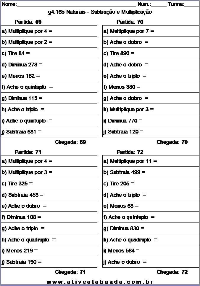 Atividade g4.16b Naturais - Subtração e Multiplicação