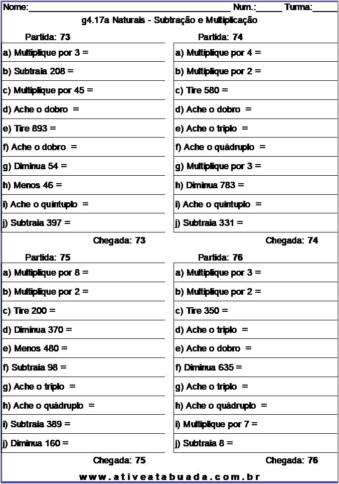 Atividade g4.17a Naturais - Subtração e Multiplicação