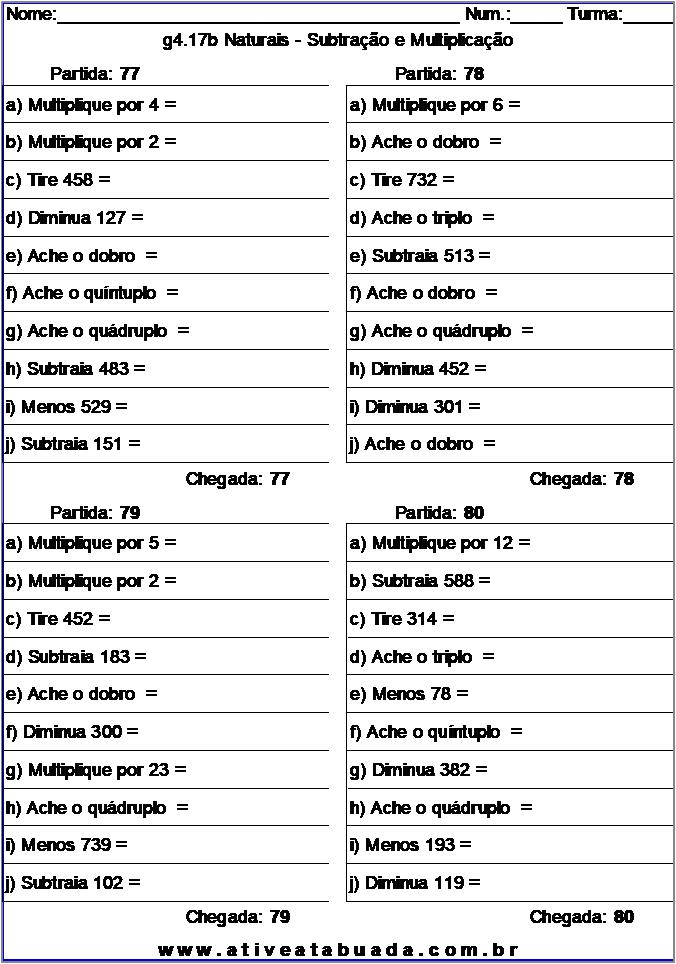 Atividade g4.17b Naturais - Subtração e Multiplicação