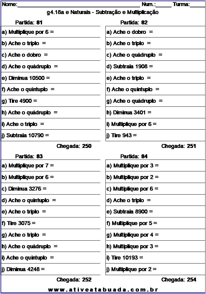 Atividade g4.18a e Naturais - Subtração e Multiplicação