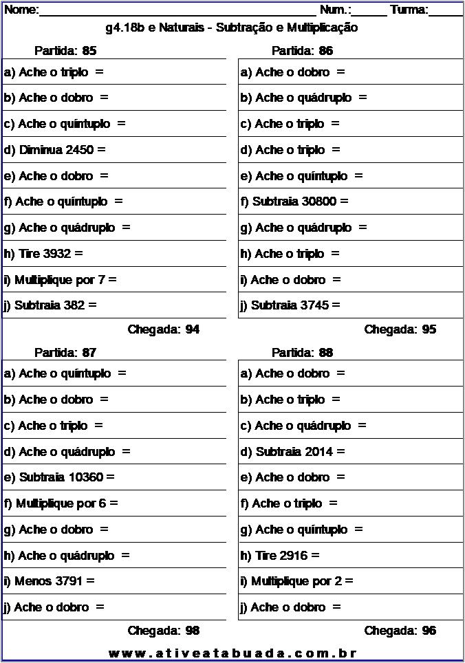 Atividade g4.18b e Naturais - Subtração e Multiplicação