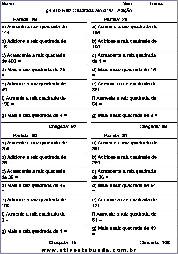 Atividade g4.31b Raiz Quadrada até o 20 - Adição