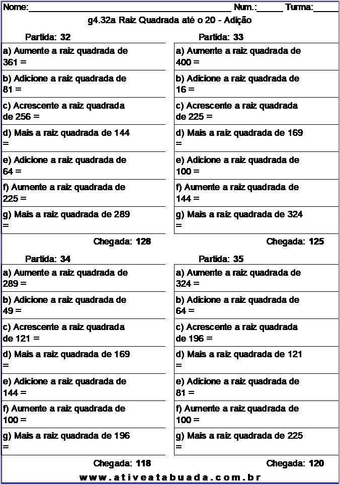 Atividade g4.32a Raiz Quadrada até o 20 - Adição