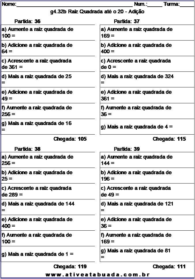 Atividade g4.32b Raiz Quadrada até o 20 - Adição