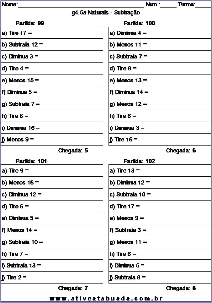Atividade g4.5a Naturais - Subtração