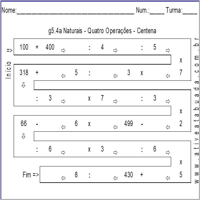 Atividade g5.4a Naturais - Quatro Operações - Centena