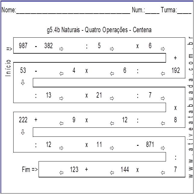 Atividade g5.4b Naturais - Quatro Operações - Centena