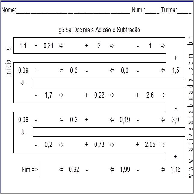 Atividade g5.5a Decimais Adição e Subtração