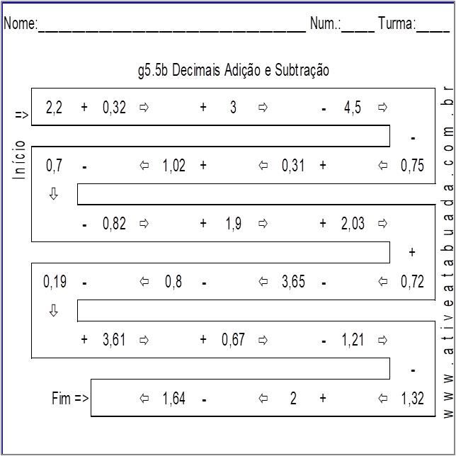Atividade g5.5b Decimais Adição e Subtração