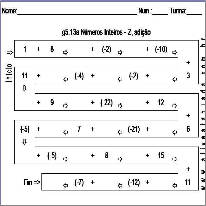 Atividade g5.13a Números Inteiros - Z, adição