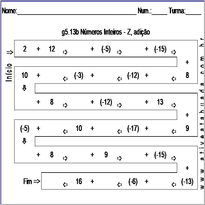 Atividade g5.13b Números Inteiros - Z, adição