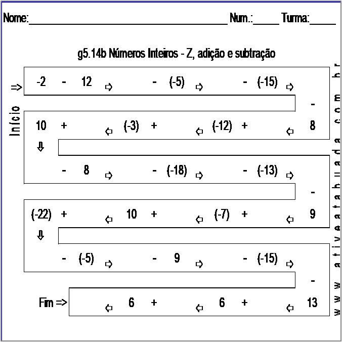 Atividade g5.14b Números Inteiros - Z, adição e subtração