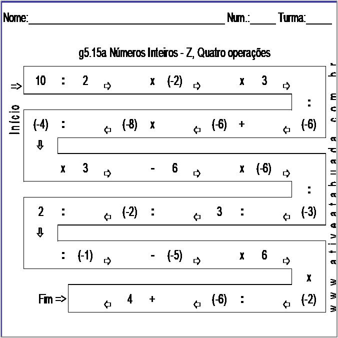 Atividade g5.15a Números Inteiros - Z, Quatro operações