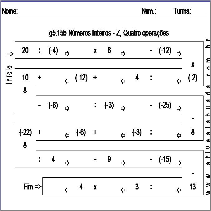 Atividade g5.15b Números Inteiros - Z, Quatro operações