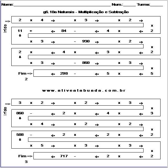 Atividade g6.10a Naturais - Multiplicação e Subtração