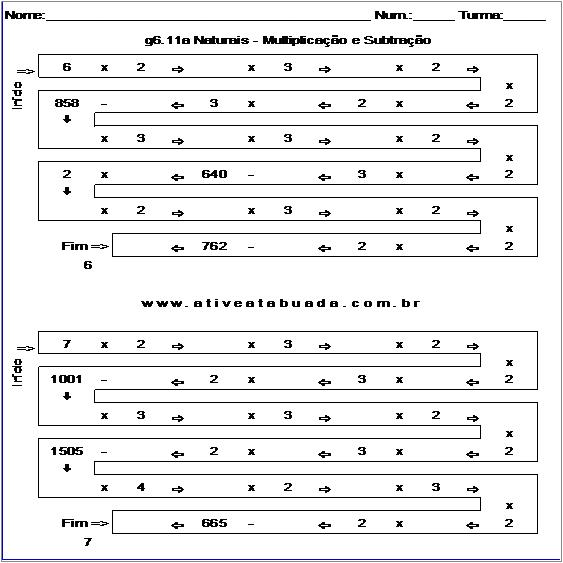 Atividade g6.11a Naturais - Multiplicação e Subtração