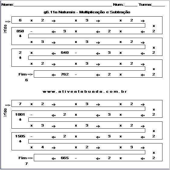 Atividade g6.11a Naturais - Multiplicação e Subtração