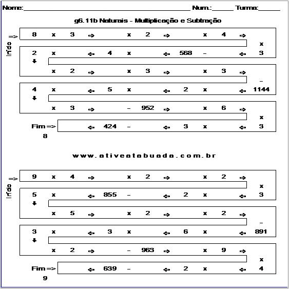 Atividade g6.11b Naturais - Multiplicação e Subtração