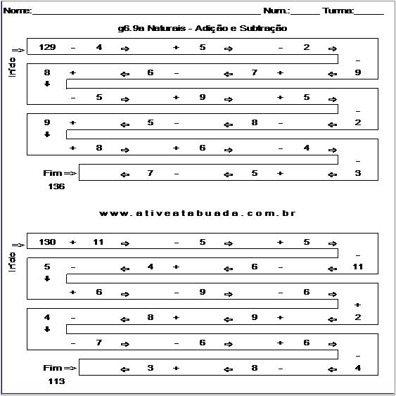 Atividade g6.9a Naturais - Adição e Subtração