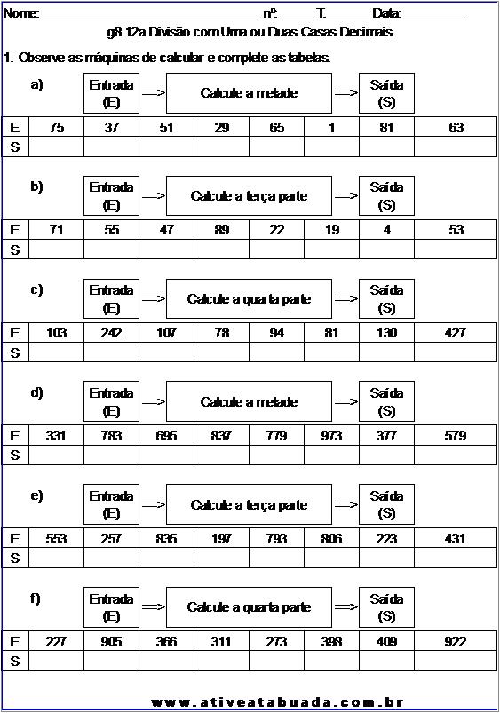 Atividade g8.12a Divisão com Uma ou Duas Casas Decimais