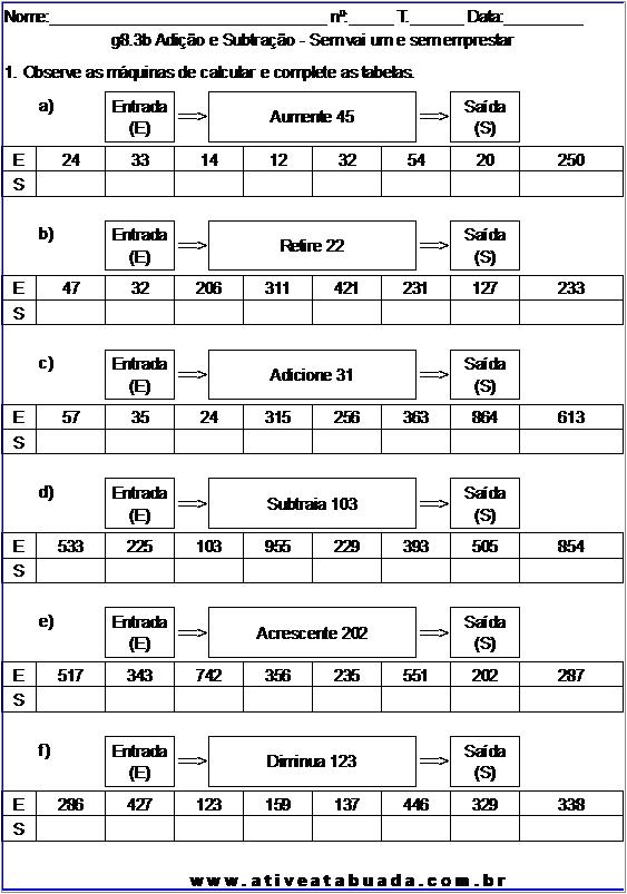 Atividade g8.3b Adição e Subtração - Sem vai um e sem emprestar