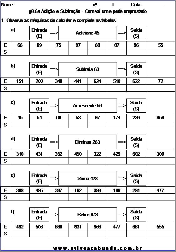 Atividade g8.6a Adição e Subtração - Com vai um e pede emprestado