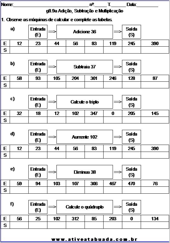 Atividade g8.9a Adição, Subtração e Multiplicação