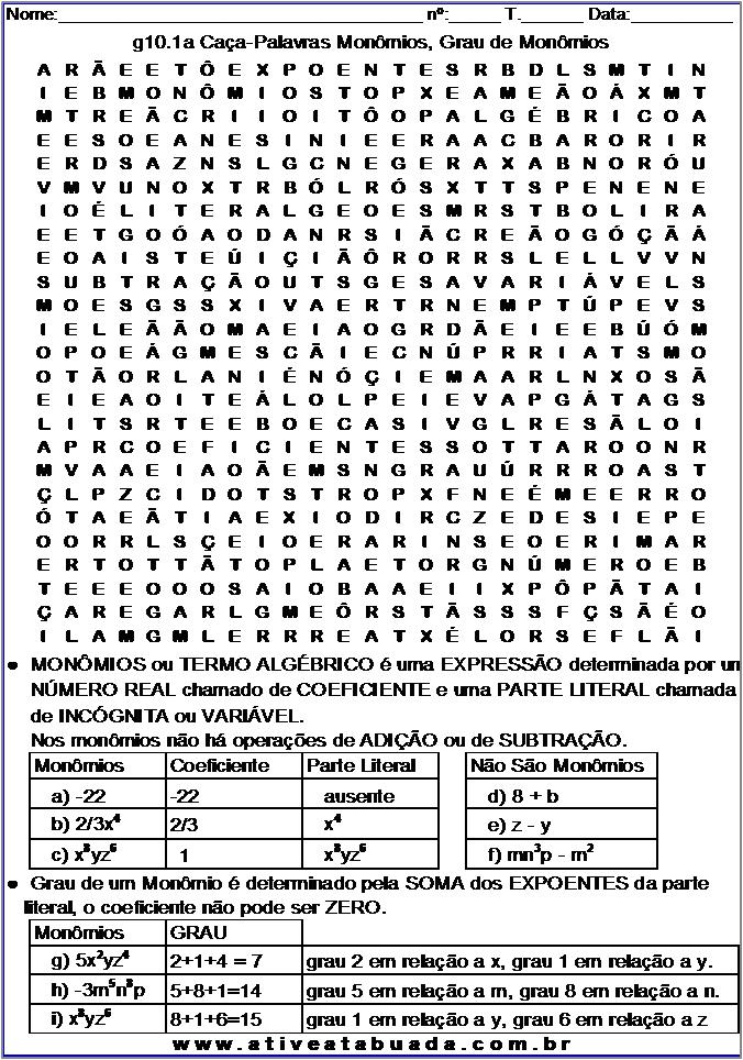 Atividade g10.1a Caça-Palavras Monômios, Grau de Monômios